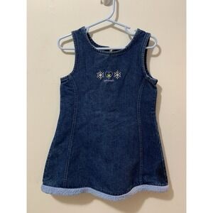 Oshkosh Denim Jumper‎ Dress Size 3T With Embroidered Floral & Fur Trim